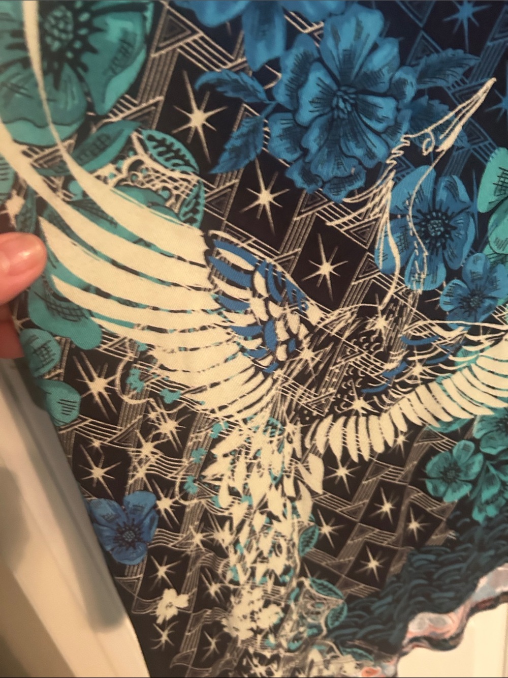 Johnny Was Blue Floral & White Bird Midi Dress